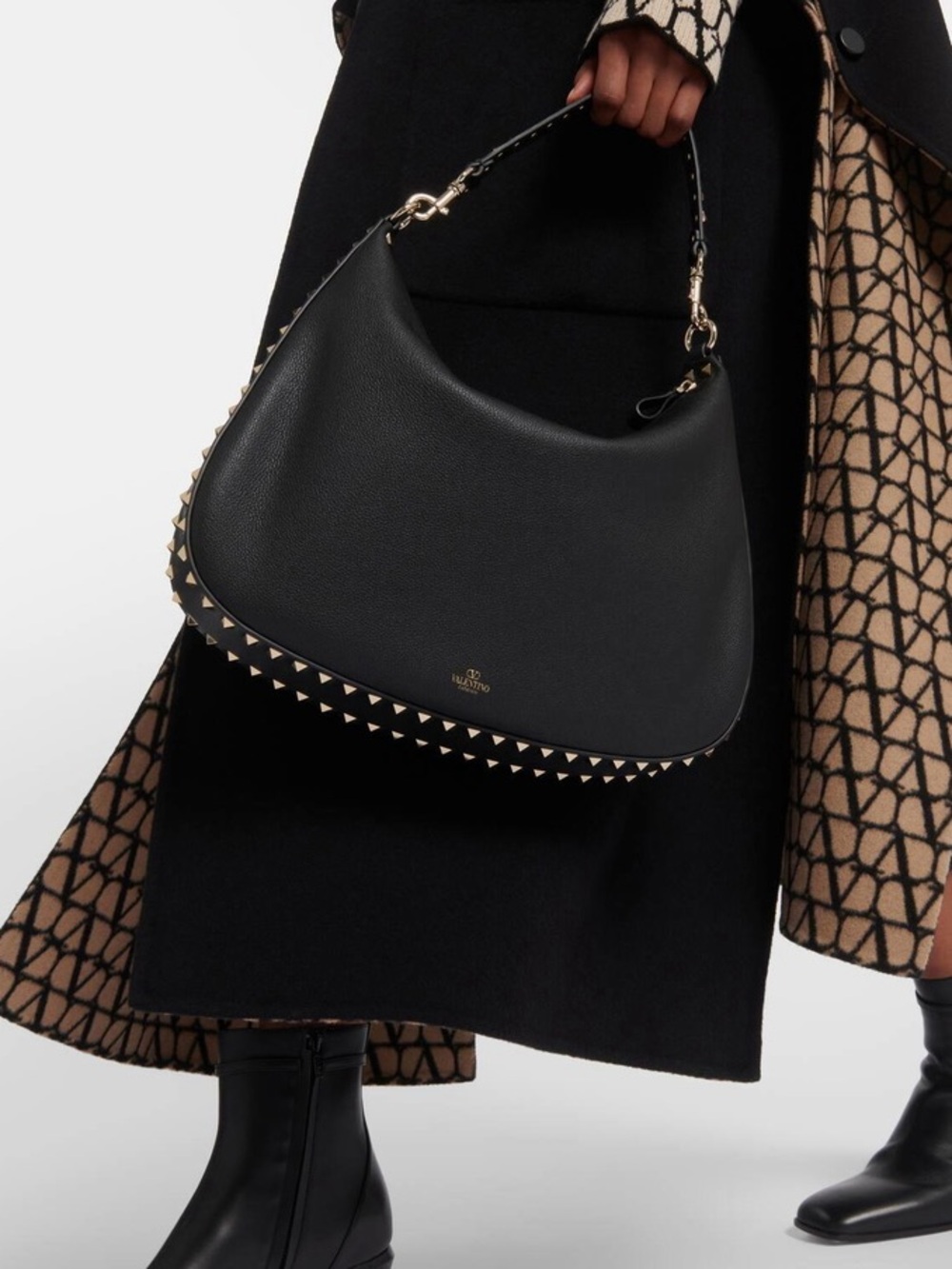 Valentino Garavani Black Pebbled Leather Hobo with Gold Rockstud Trim
